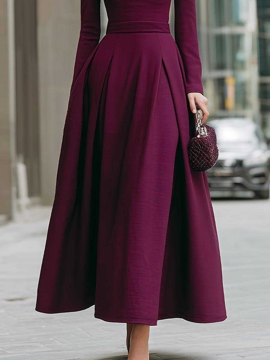 Square-Neck Long-Sleeve A-Line Maxi Dress