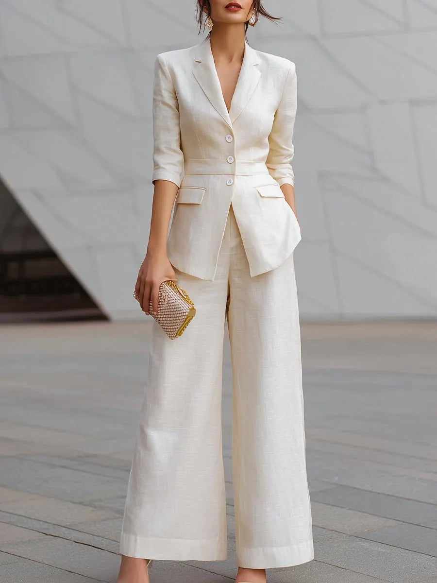 Tailored Linen Blazer And Wide-Leg Trousers Two-Piece Set