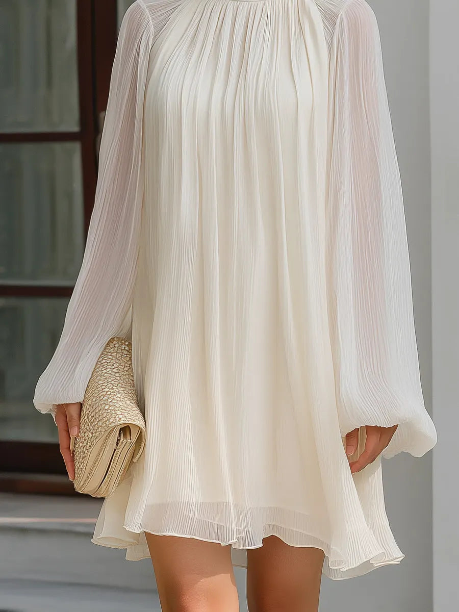 Pleated Chiffon High Neck Long Sleeve Mini Dress