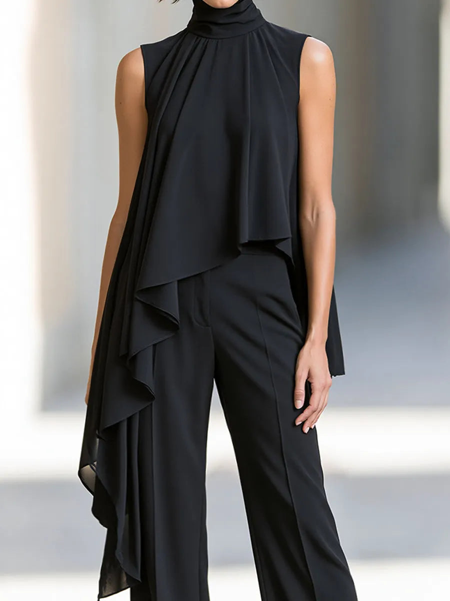 Sleeveless Layered High-Neck Top And Wide-Leg Trousers Set