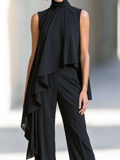 Sleeveless Layered High-Neck Top And Wide-Leg Trousers Set
