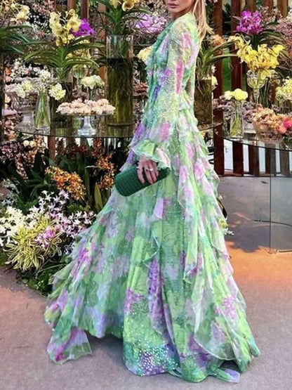 Elegant Fantasy V Neck Ruffle Floral Print Maxi Dress
