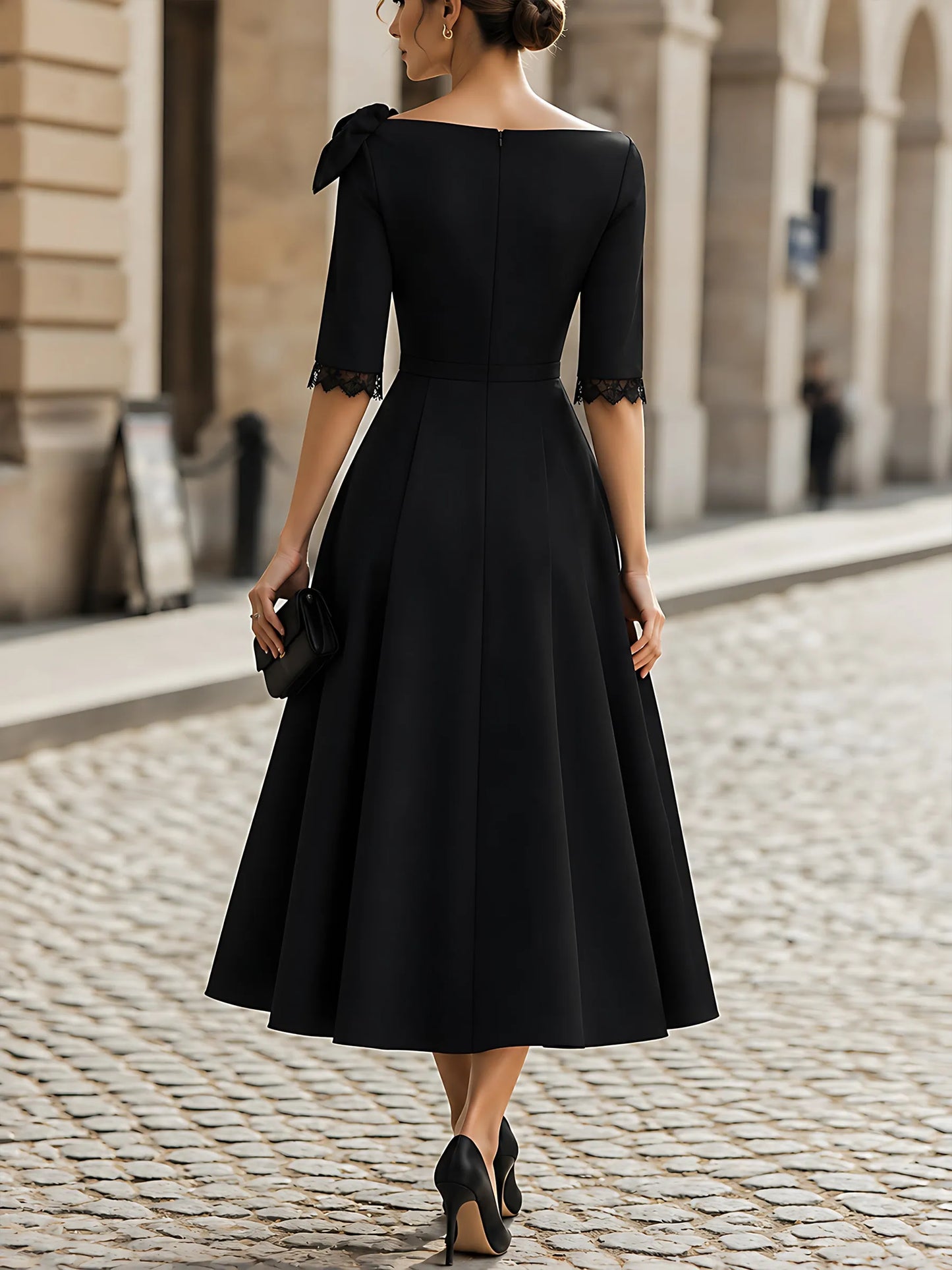 Lace-Cuff Draped-Collar Midi Dress