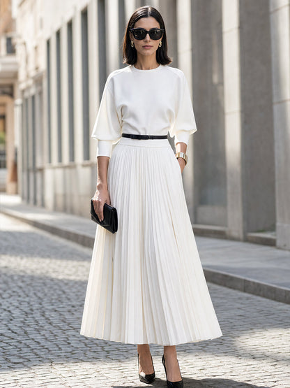 Crew-Neck Puff-Sleeve Pleated Maxi Dress