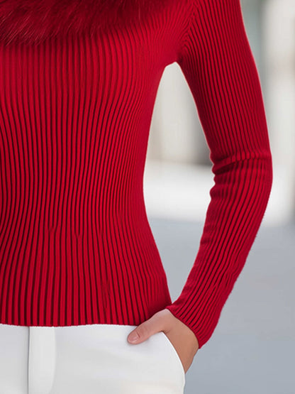 Off-the-Shoulder Faux Fur Collar Ribbed Knit Sweater