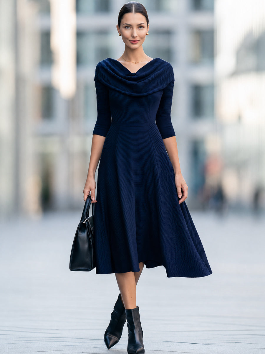 Navy Cowl Neck Ribbed Knit Midi Dress