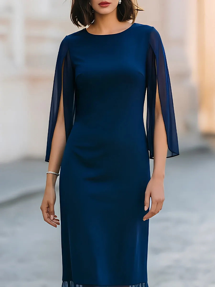 Navy Blue Chiffon Cape-Sleeve Sheath Midi Dress