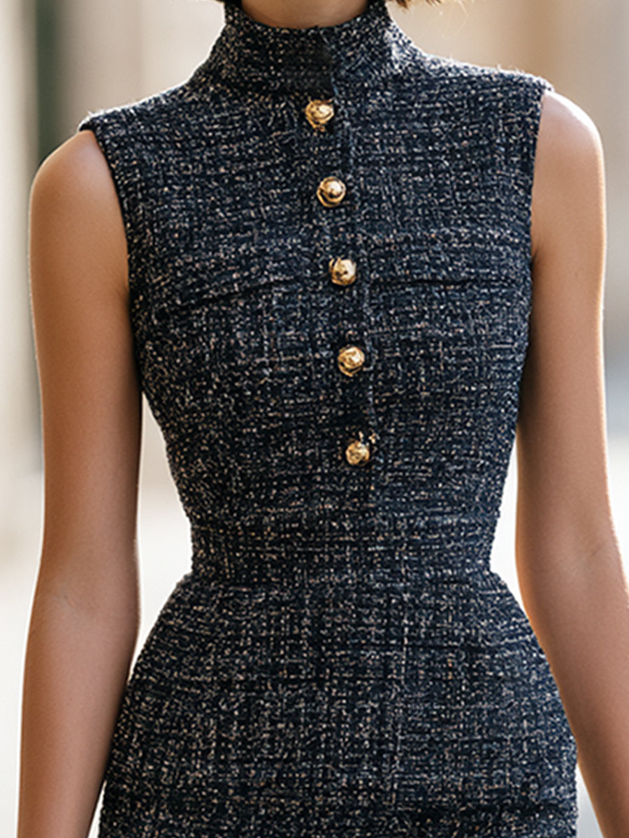 Sleeveless Gold-Button Tweed Sheath Dress