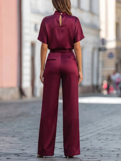 High-Neck Satin Top & Pleated Wide-Leg Trouser Set