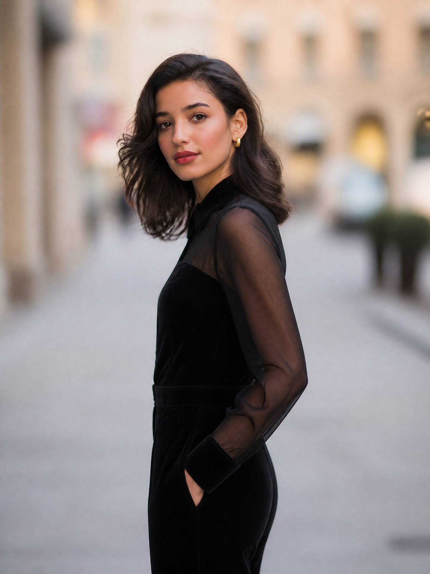 Sheer Yoke Velvet Shirt Blouse