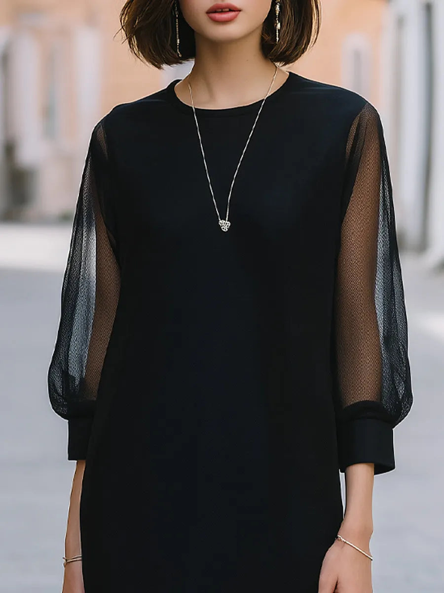 Mesh Puff Sleeve Crew Neck Shift Midi Dress