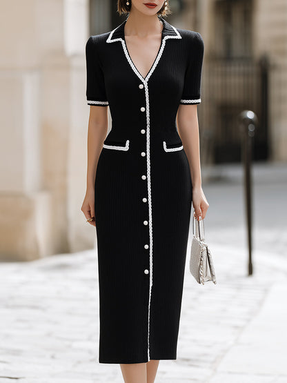 Contrast Trim Button-Front Knit Midi Dress