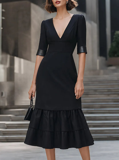 Leather-Trim V-Neck Tiered Midi Dress