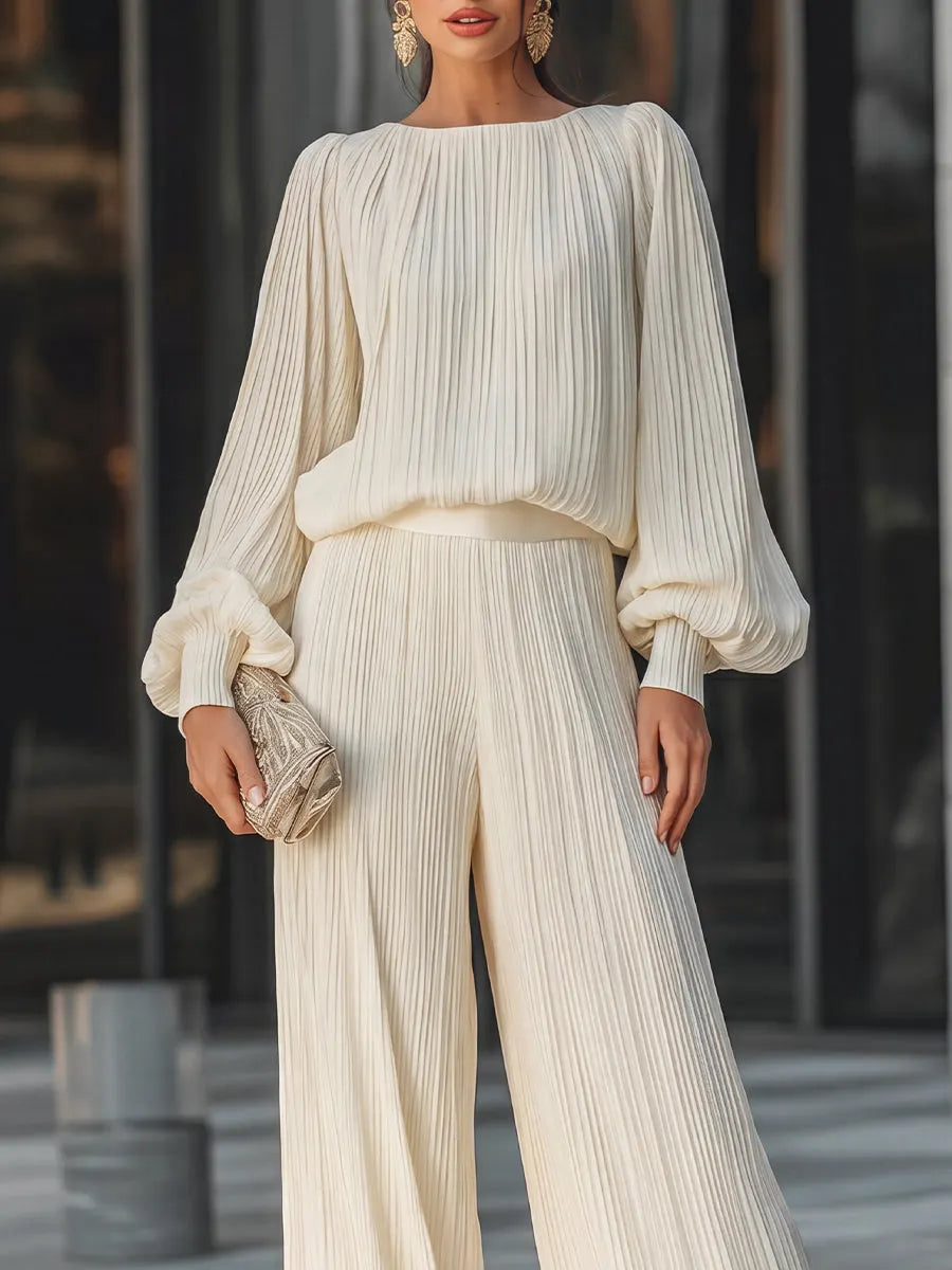Vertical Pleated Flowing Wide-Leg Two-Piece Set