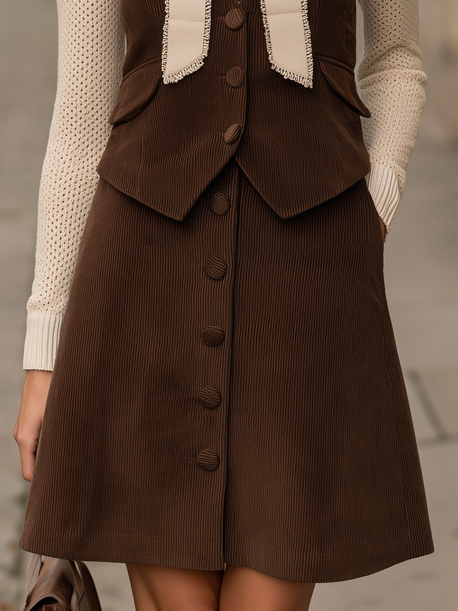 Bow-Neck Knit Top, Tailored Vest And A-Line Skirt Set