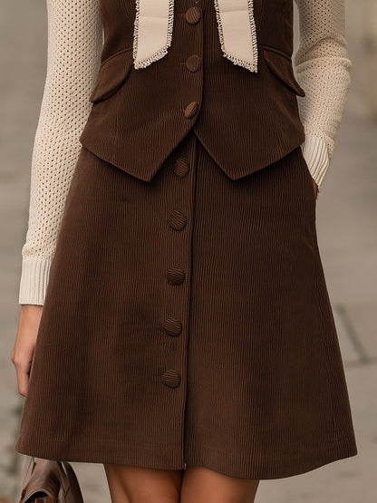Bow-Neck Knit Top, Tailored Vest And A-Line Skirt Set