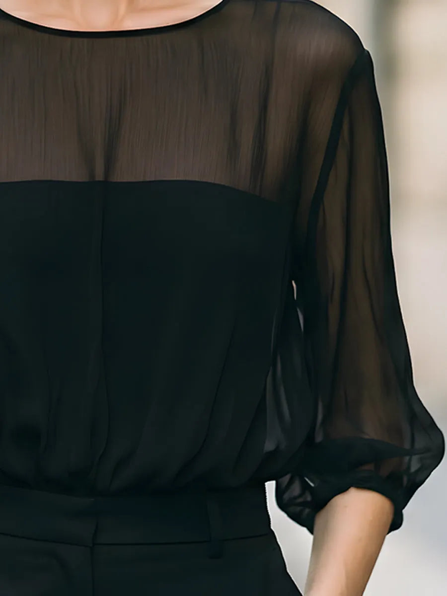 Sheer Puff Sleeve High-Neck Blouse