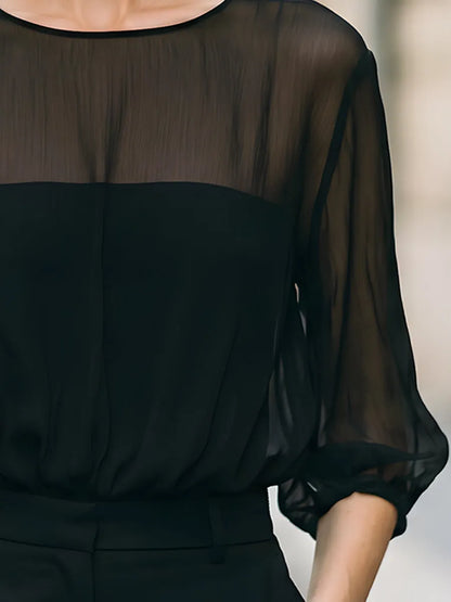 Sheer Puff Sleeve High-Neck Blouse