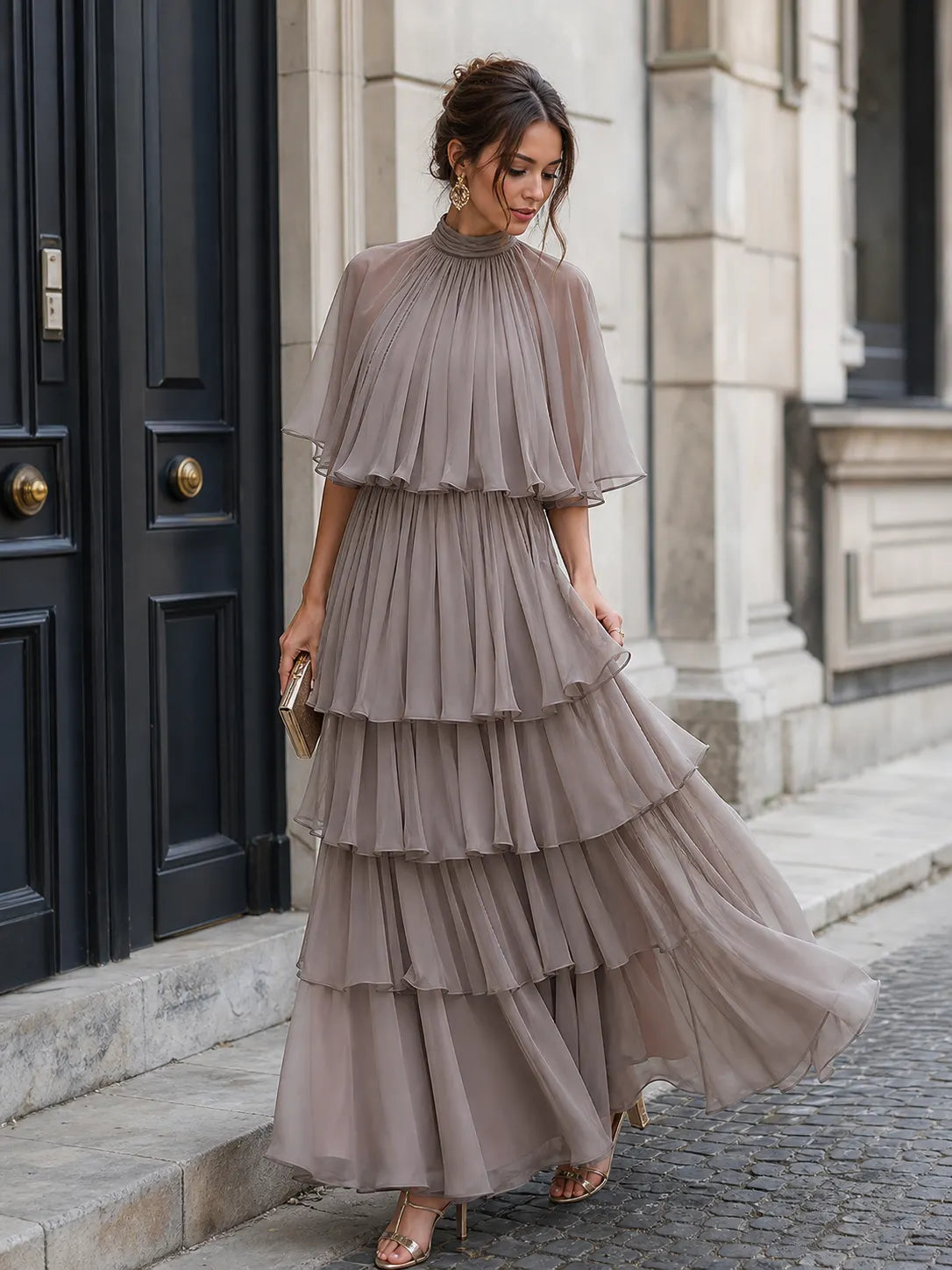 Tiered Pleated Cape Maxi Dress