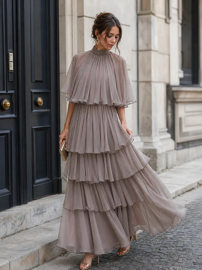 Tiered Pleated Cape Maxi Dress