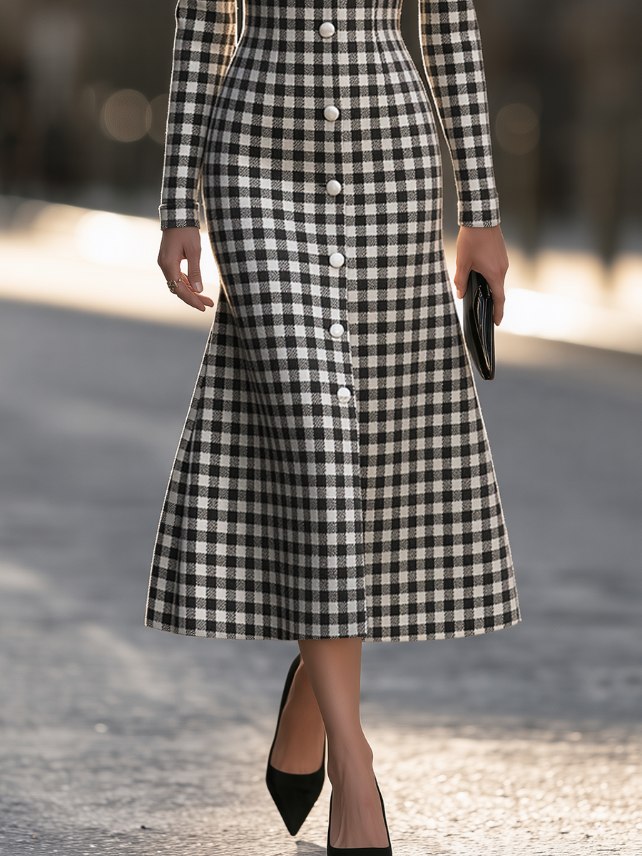 Round-Neck Pearl-Button Front Gingham Check A-Line Maxi Dress