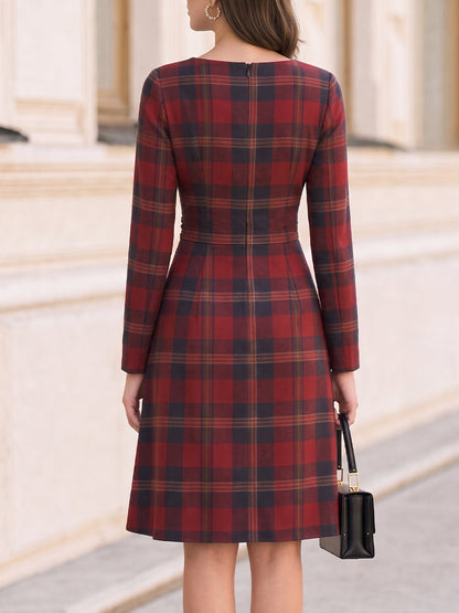 Round Neck Long Sleeve Waist Gathered A‐Line Midi Dress