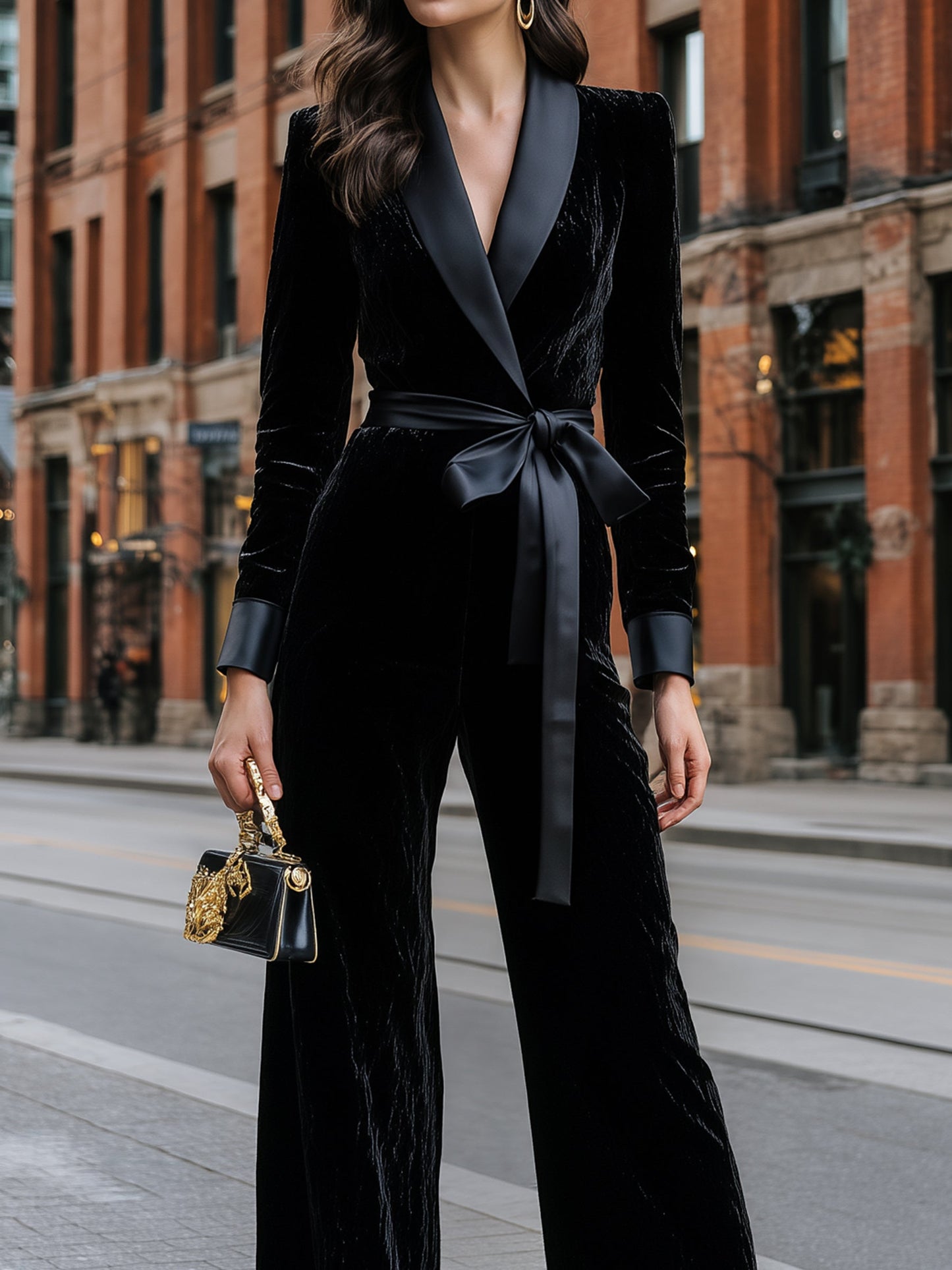 Velvet Satin-Lapel Tie-Waist Jumpsuit