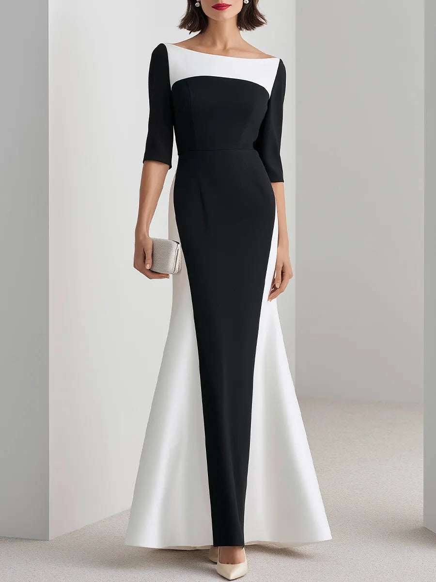 Colorblock Bateau Neck Mermaid Evening Gown