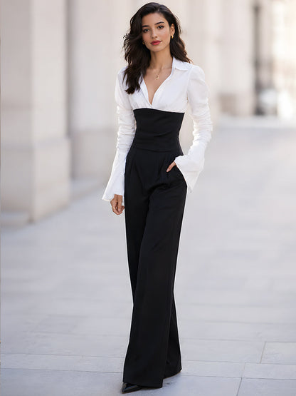 Women's Contrast V-Neck Long Sleeve High Waist Wide Leg Jumpsuit