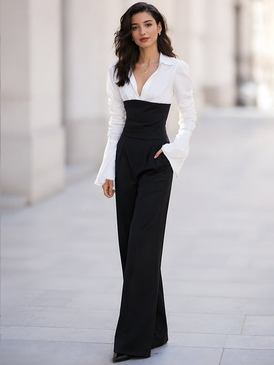 Women's Contrast V-Neck Long Sleeve High Waist Wide Leg Jumpsuit