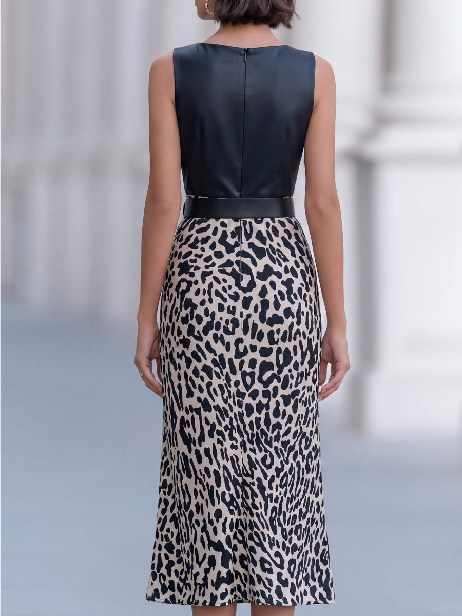 Belted Faux Leather Bodice Leopard Print Midi Dress