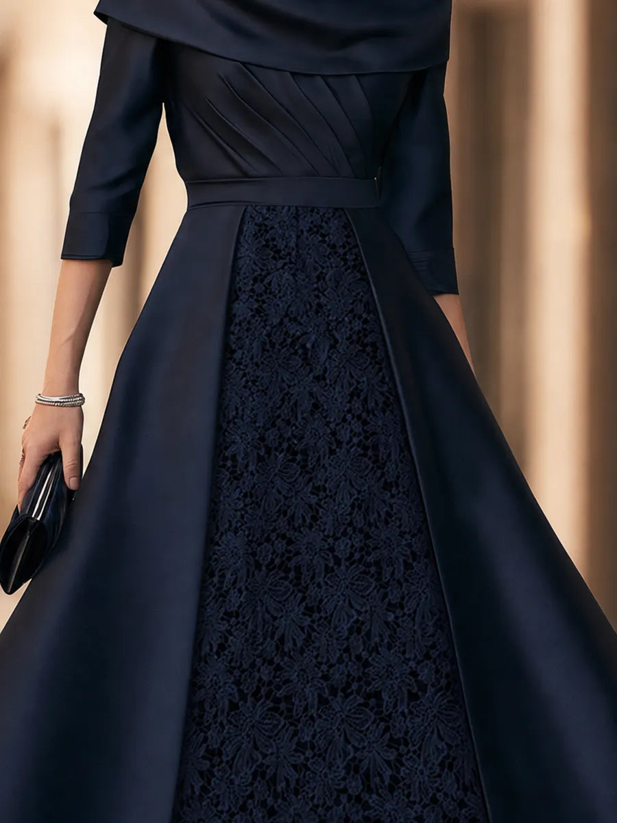 Draped Shawl-Collar Lace-Panel Midi Dress