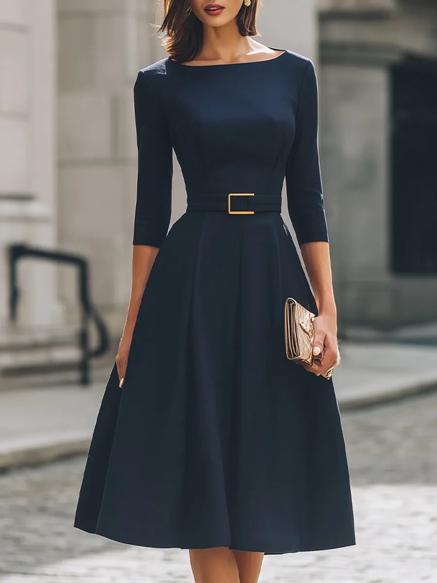 Belted Boat Neck A-Line Midi Dress