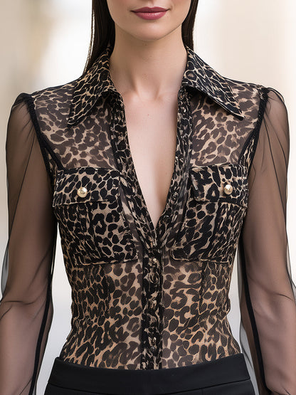 Leopard Print Sheer Sleeve Button-Front Blouse