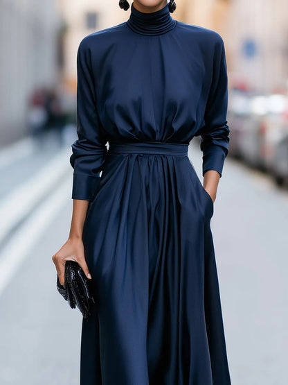 High Neck Gathered Waist A-Line Maxi Dress