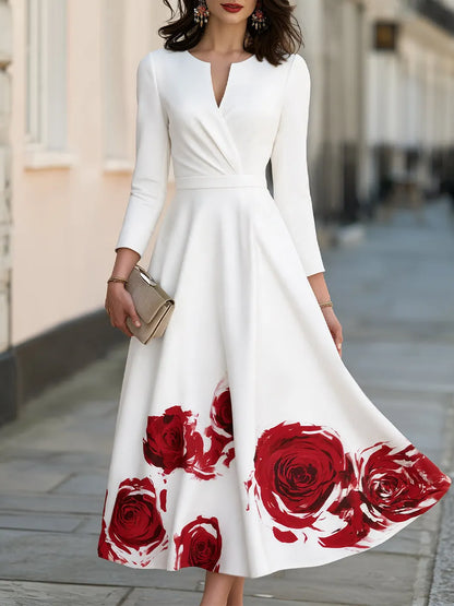 V-Neckline Floral Print A-Line Midi Dress
