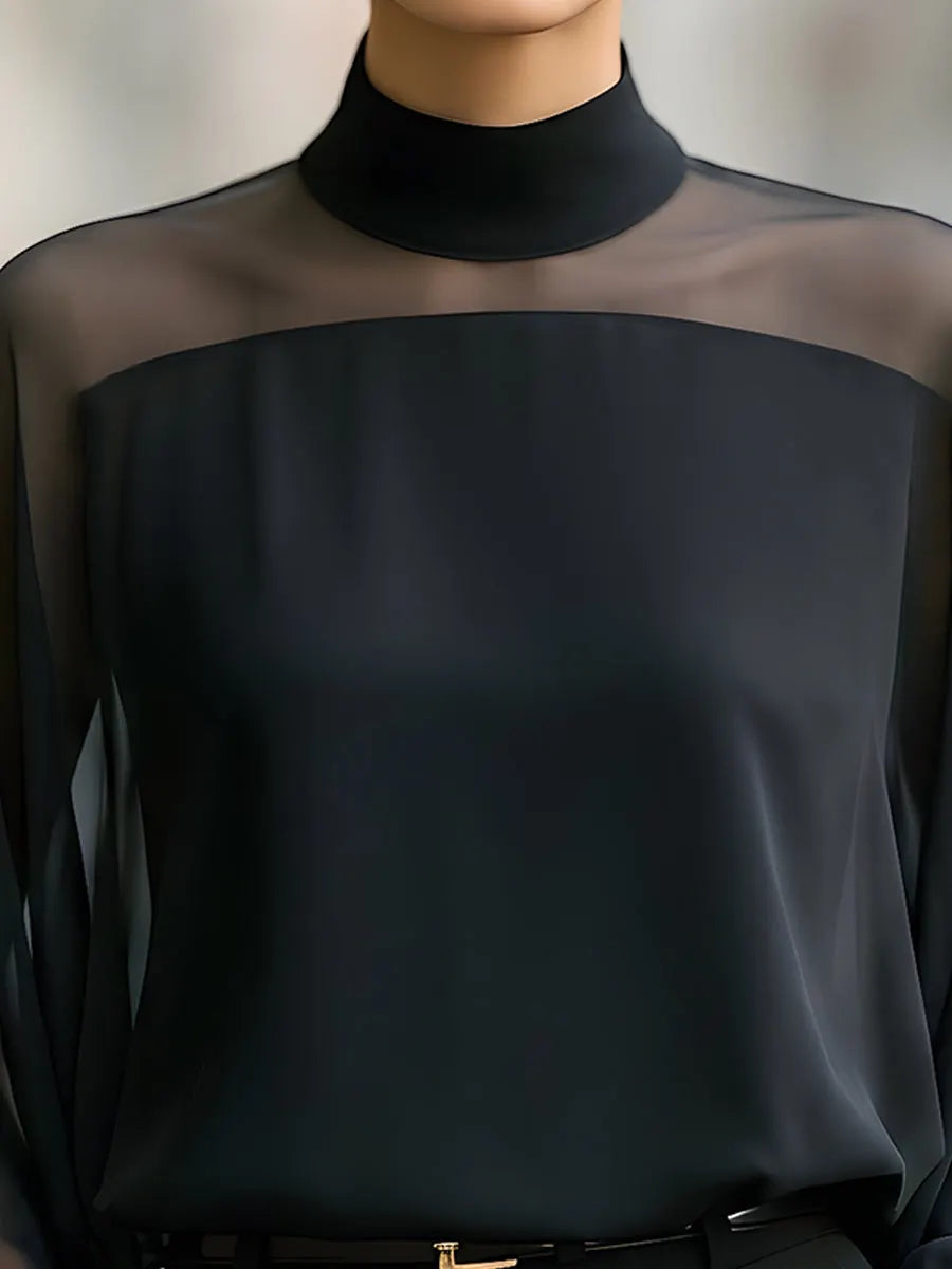 Sheer Yoke High-Neck Bishop Sleeve Blouse