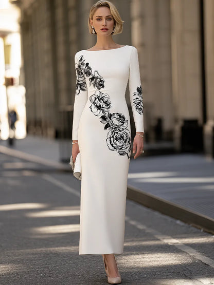 Women's Rose Floral Print Long Sleeve Bateau Neck Bodycon Maxi Dress