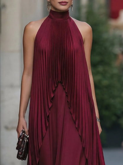 Halter Mock Neck Pleated Overlay Maxi Dress