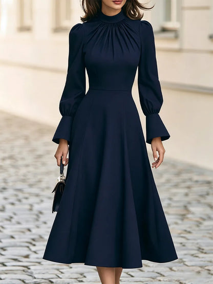 High Neck Gathered Bust  A-Line Midi Dress