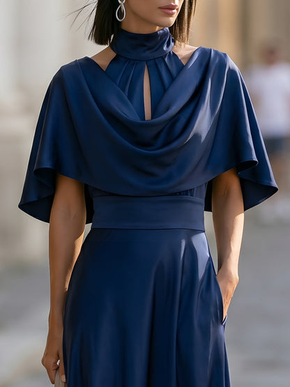 Satin Halter Neck Cape Sleeve Maxi Dress