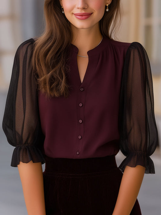 Blusa de Botões com Mangas Bufantes Transparentes