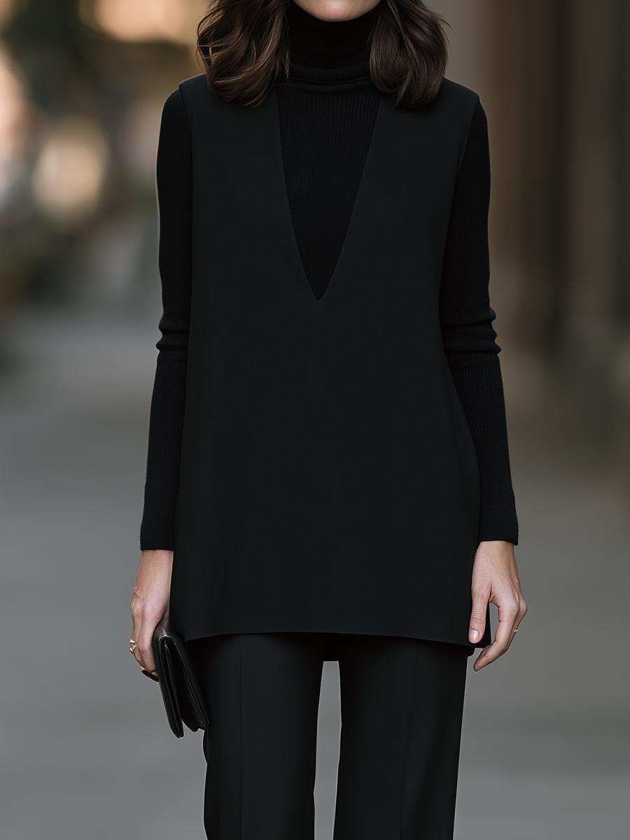 Turtleneck Knit Top, Deep V Sleeveless Tunic And Wide-Leg Trouser Three-Piece Set