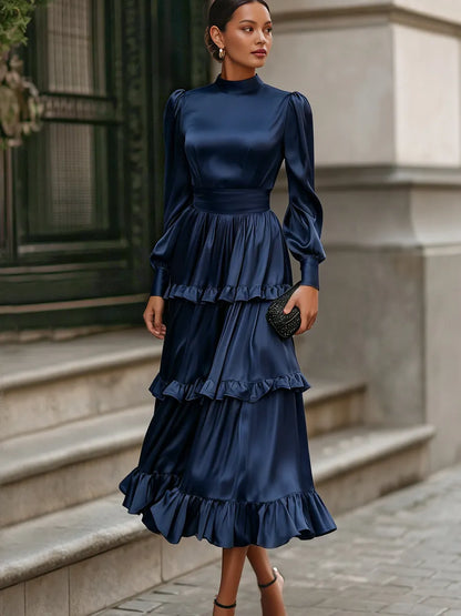 Long Bishop Sleeves Satin Tiered Ruffle Midi Dress