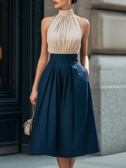 Halter-Neck Gathered Bodice Pleated Midi Dress