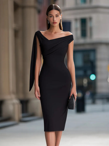 Asymmetric One-Shoulder Draped Midi Dress With Statement Sleeve