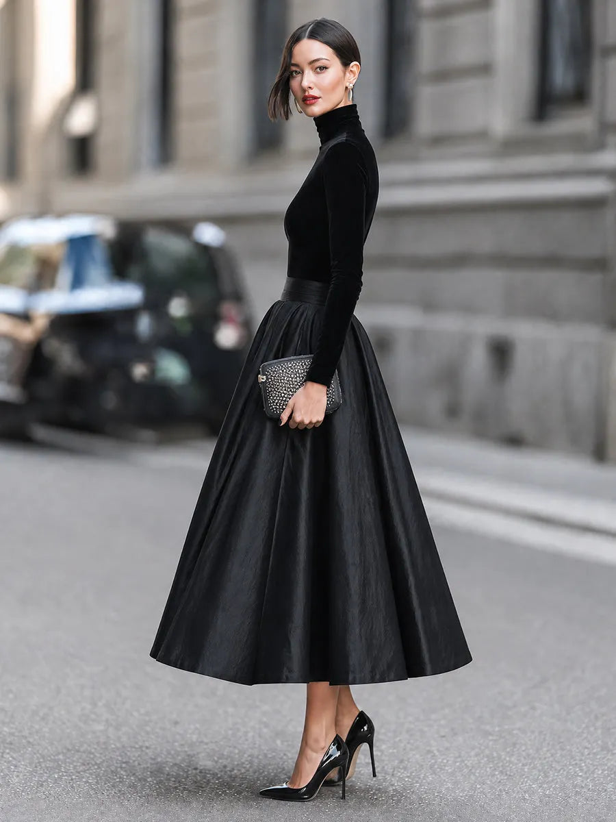 High-Neck Long-Sleeve Full-Skirt Maxi Dress