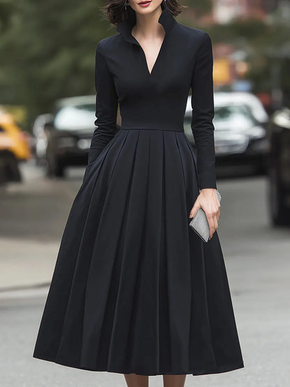 High-Collar V-Neck Pleated Midi Shirt Dress