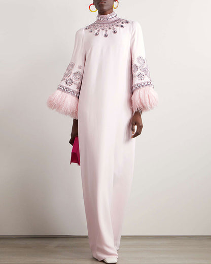 Feather-trimmed crystal-embellished crepe turtleneck gown