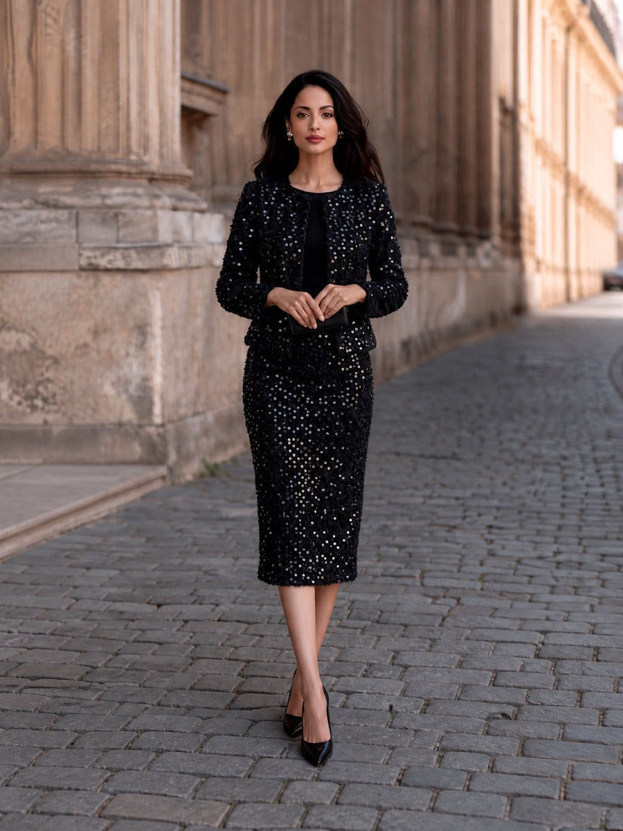 Sequin Tweed Cropped Jacket Midi Skirt Two-Piece Set